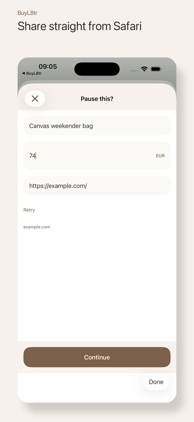 BuyL8tr Safari Share Extension with product name, price, and webpage fields.