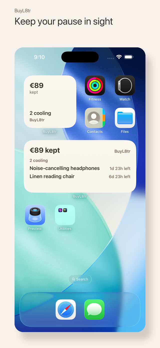 An iPhone Home Screen showing the small and medium BuyL8tr widgets.